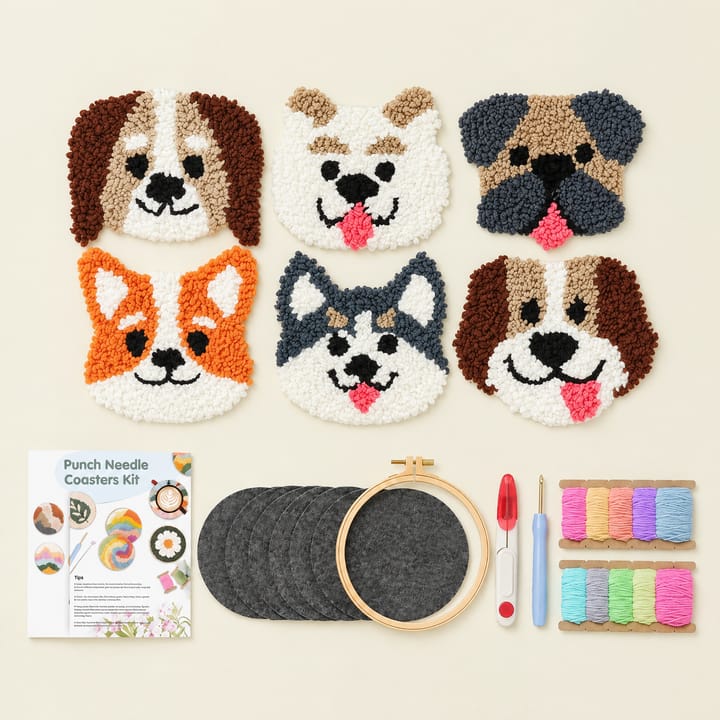 Tongue-out dogs punch needle dog coasters with the kit