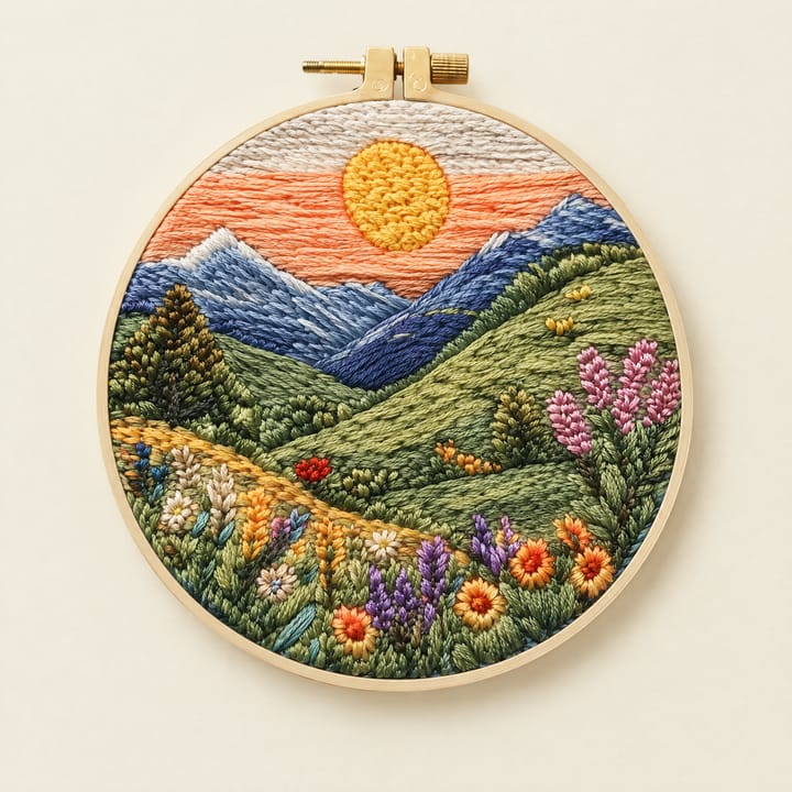 Sunset hills landscape embroidery in a 6 in hoop