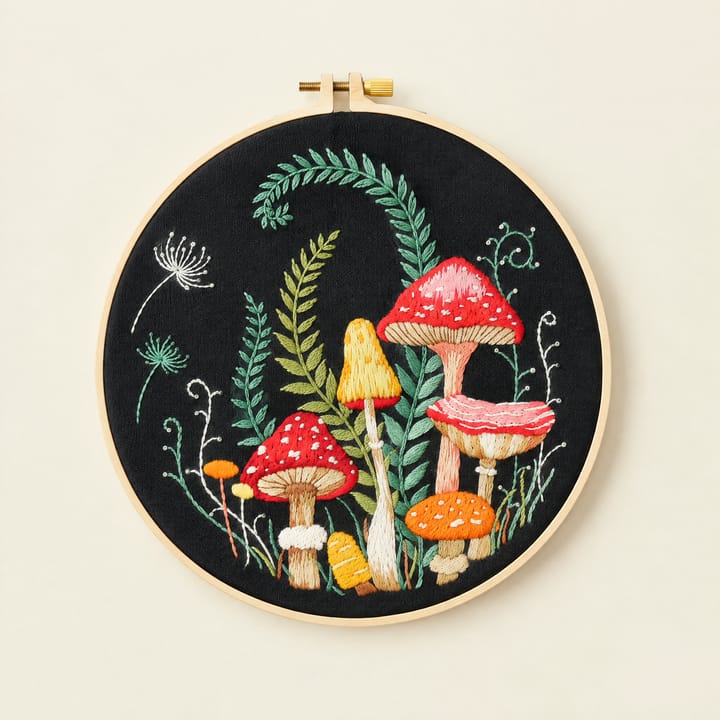 Red toadstools and ferns embroidery in a wooden hoop