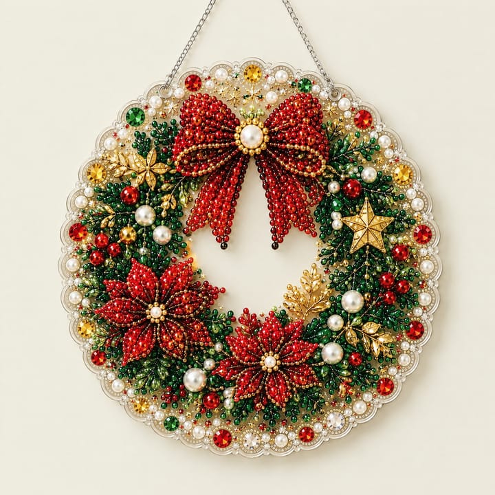 Christmas Pearl Diamond Art Ornament Kit, Wreath with poinsettias