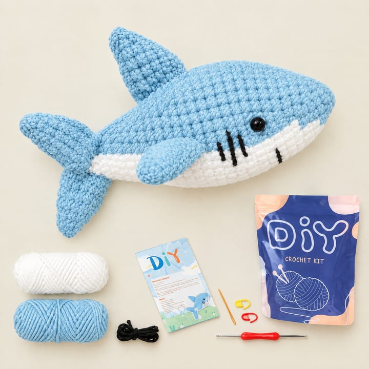 Blue shark crochet kit with yarn and stuffing