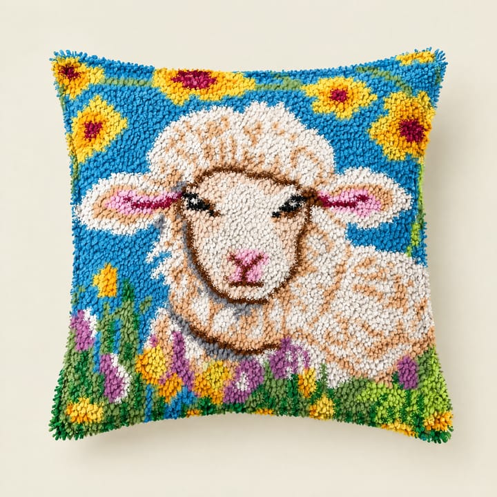 Latch Hook Pillow Kit, White sheep with sunflowers