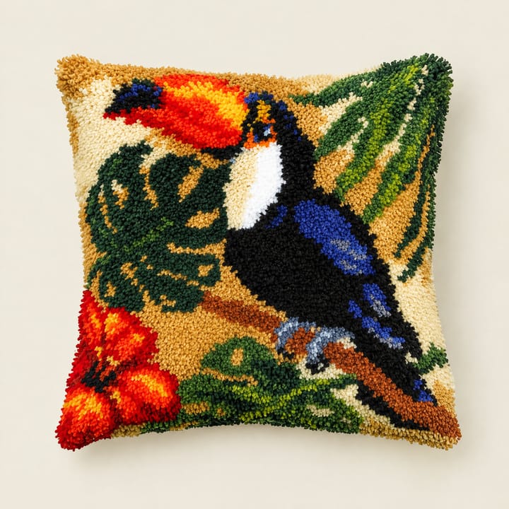 Toucan latch hook pillow, 17 x 17 in