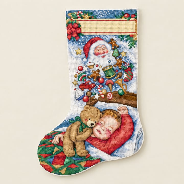 Christmas Stocking Cross Stitch Kit, Santa and sleeping boy with teddy