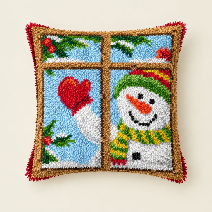 Snowman at the window Christmas latch hook pillow, 17 x 17 in