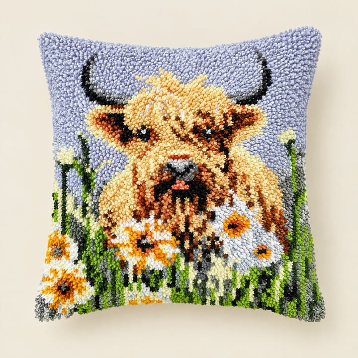 Latch Hook Pillow Kit, Highland calf with daisies