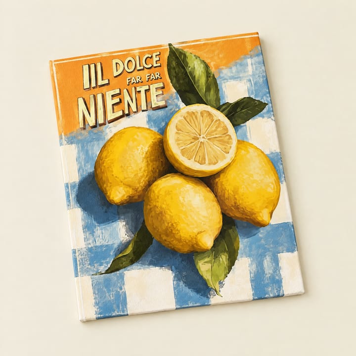 Dolce far niente design: a retro poster of lemons on a blue check cloth