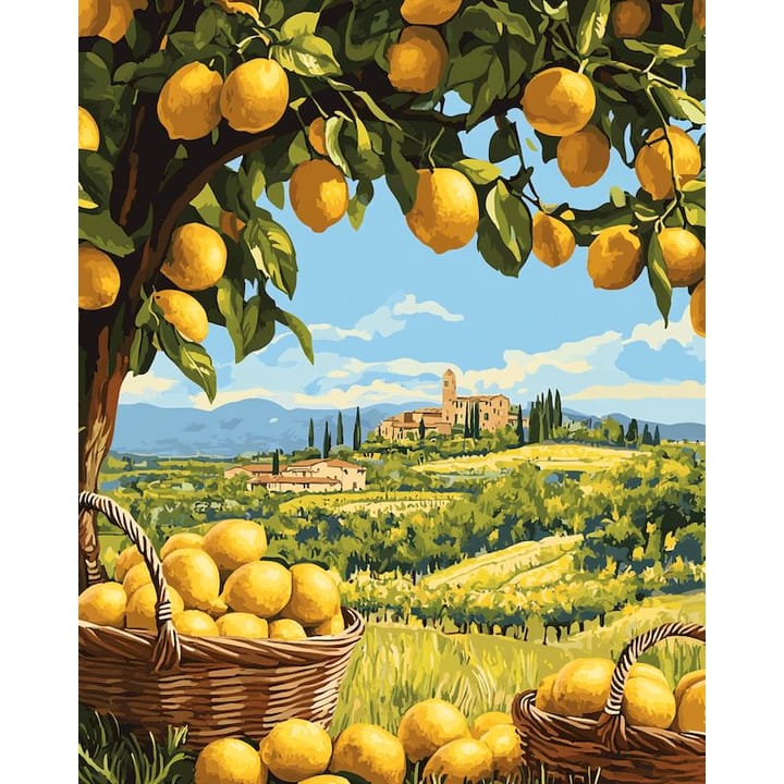 Tuscan grove design: lemon branches framing a valley and a hilltop town