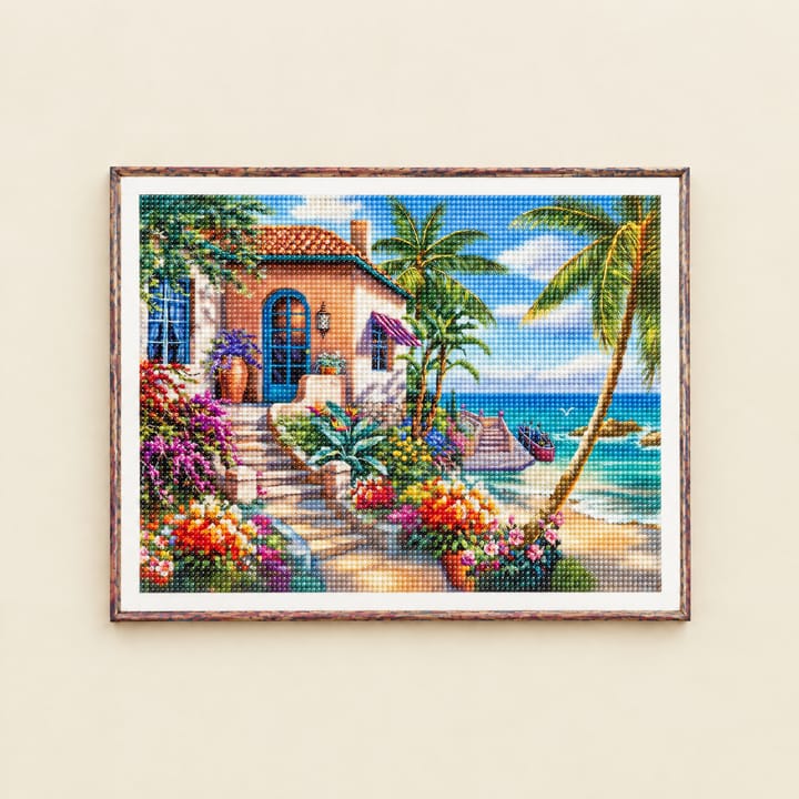 Cottage and Stream Diamond Art Kit, Pink seaside house with palm trees