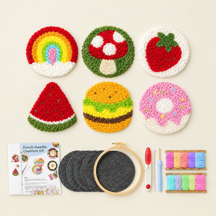 Rainbow and treats punch needle coasters with the kit