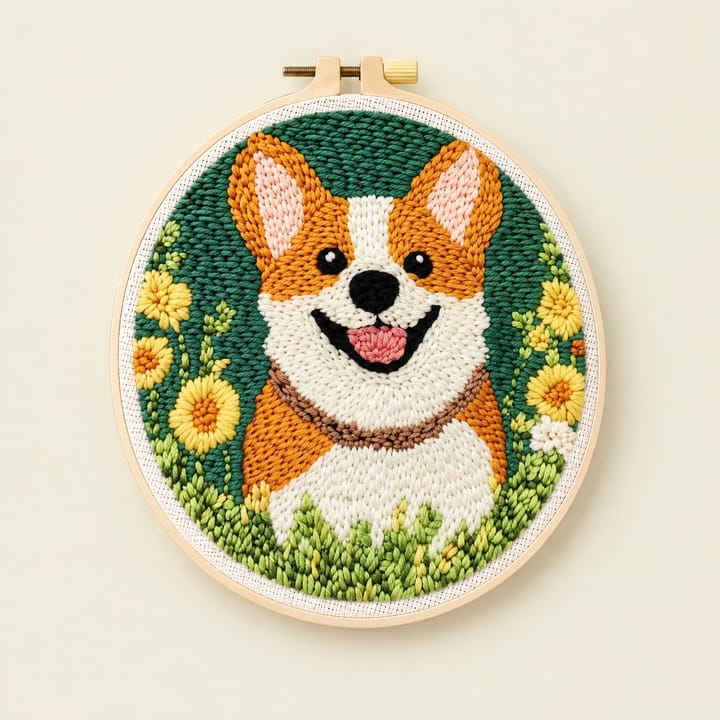 Cute Animal Punch Needle Kit, Corgi in flowers