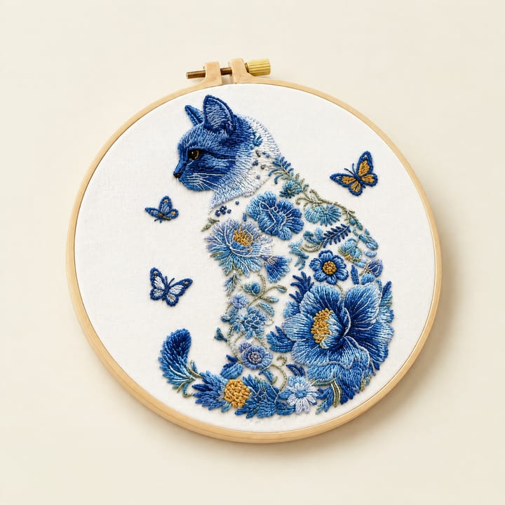 Blue floral cat embroidery hoop on an easel by a window