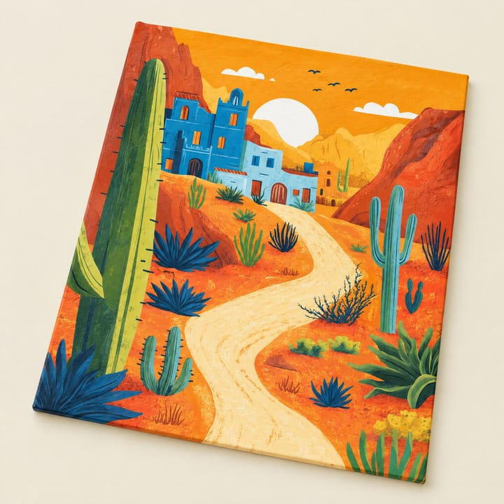 Desert road design: a winding road to a blue village with a cactus