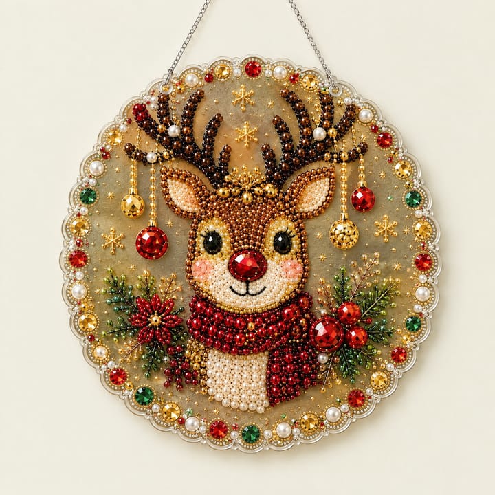 Christmas Pearl Diamond Art Ornament Kit, Reindeer with red scarf