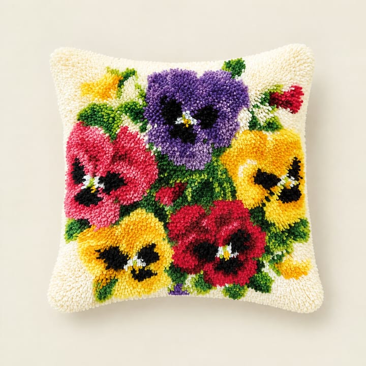 Nine flower latch hook pillows: sunflower, roses, peony, pansies, tulip and anemone
