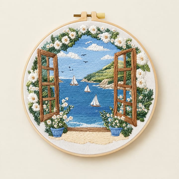 Window to the sea embroidery hoop on a sunny yellow shelf