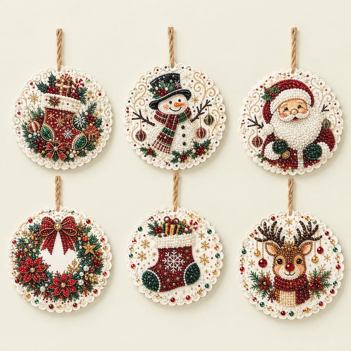 Christmas Ornament Diamond Art Kit, Gingerbread, candy cane, tree, reindeer, star, house