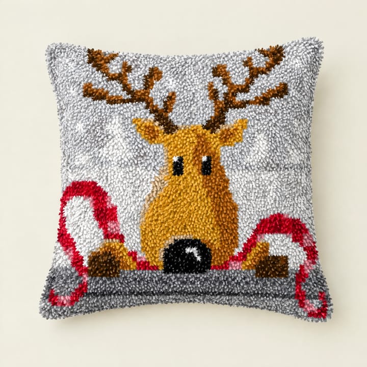 Peeking reindeer Christmas latch hook pillow, 17 x 17 in