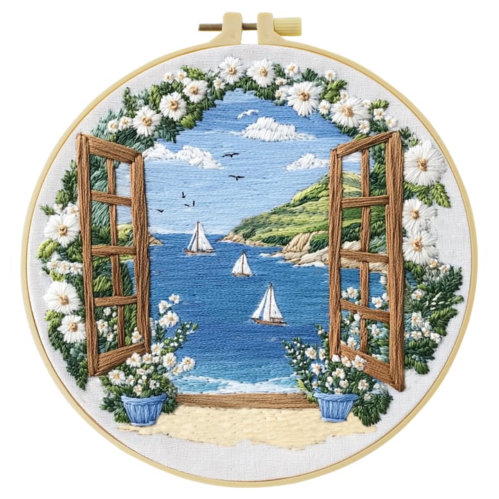 Window to the sea embroidery in a hoop on black