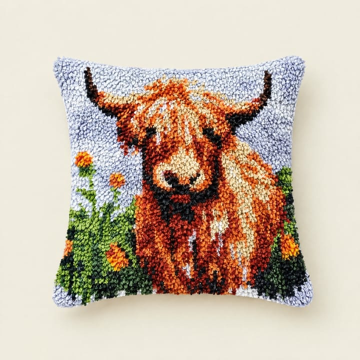Latch Hook Pillow Kit, Highland cow in flowers