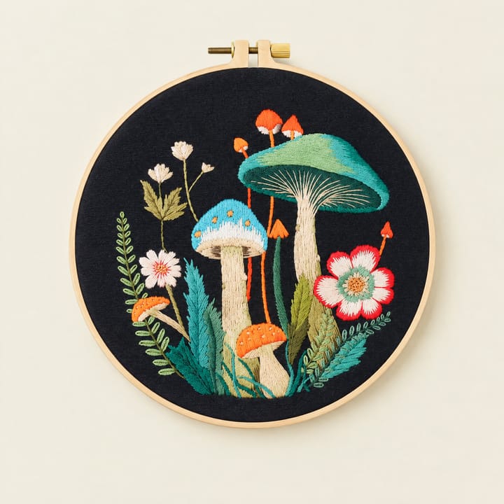 Teal caps and wild rose mushroom embroidery on black fabric, 8 in hoop