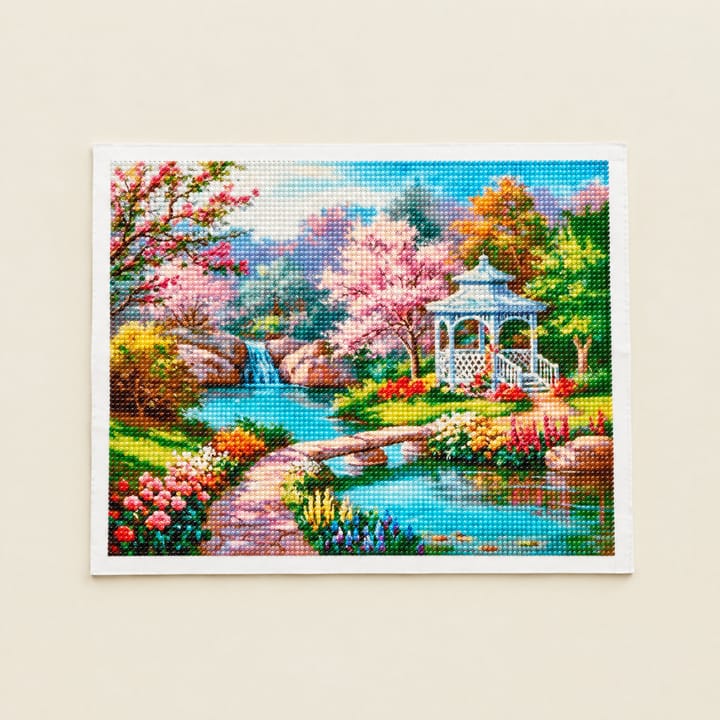 Cottage and Stream Diamond Art Kit, White gazebo in a blossom garden