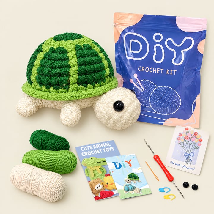 Green shell turtle crochet kit with yarn and hook