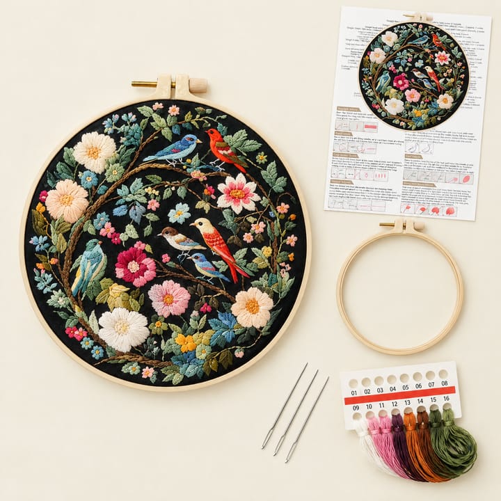 Songbird branch embroidery in a 6 in hoop with the floss, needles and instructions