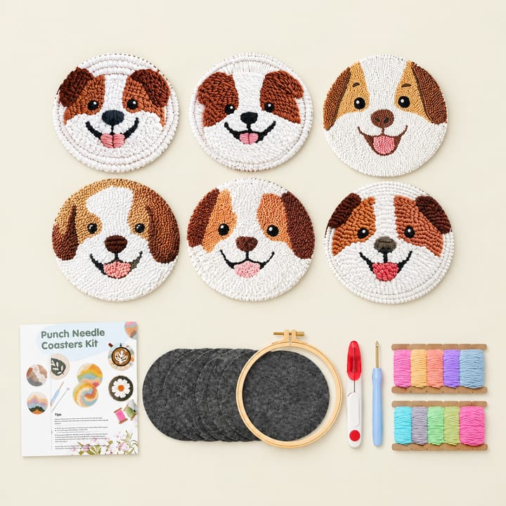 Happy puppies punch needle dog coasters with the kit