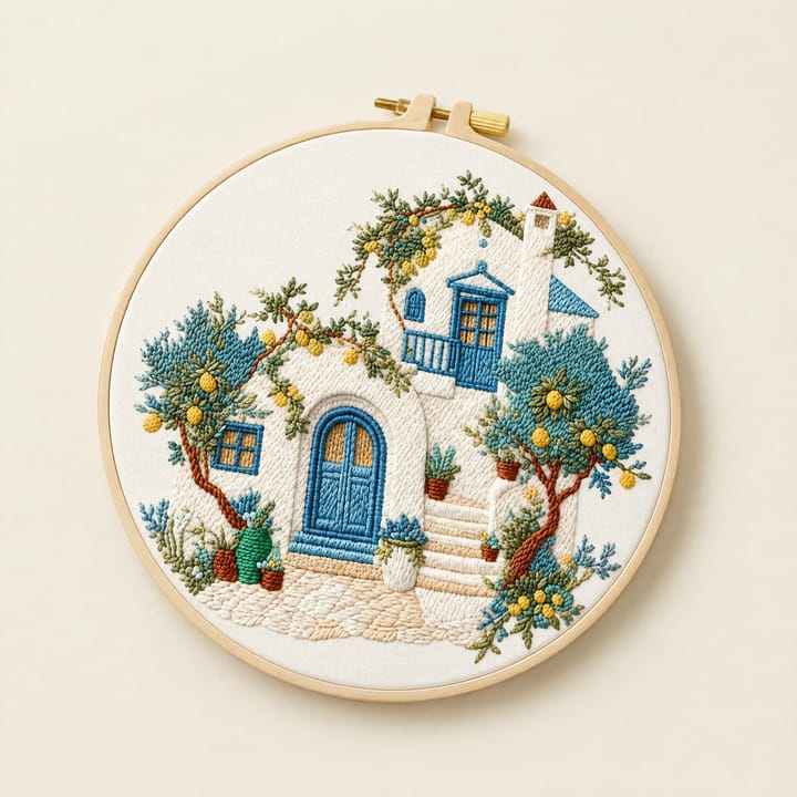 Lemon tree house embroidery hoop on an easel by a window