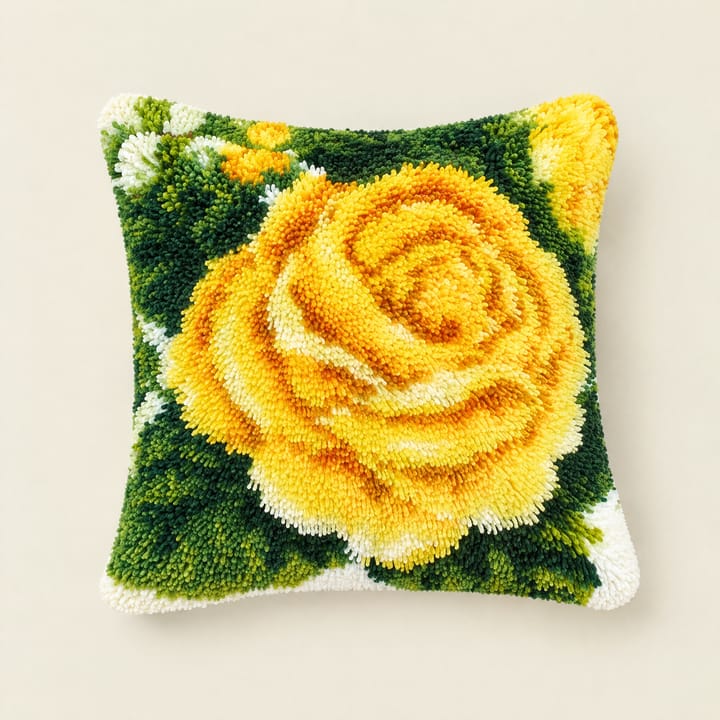 Yellow rose latch hook pillow, 17 x 17 in