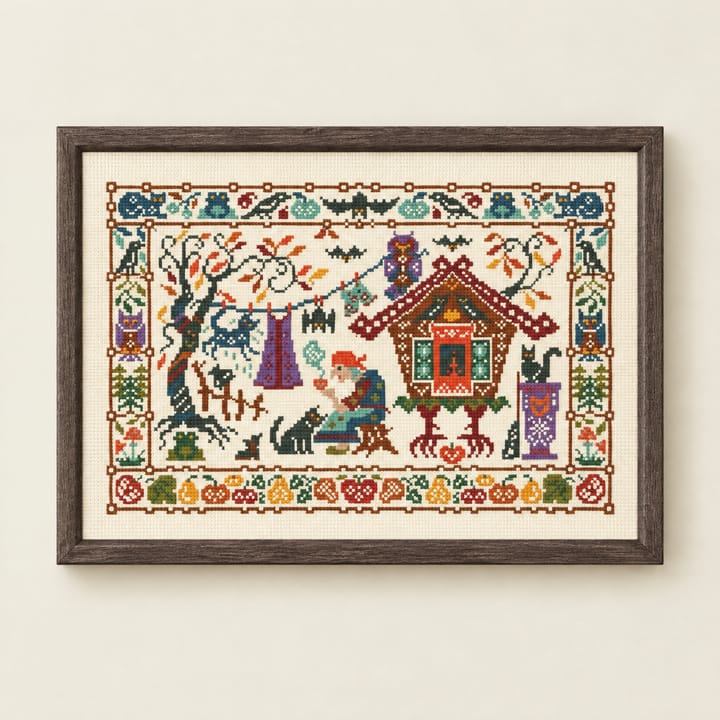 October folk tale cross stitch with a hut on chicken legs, cats and pumpkins, framed