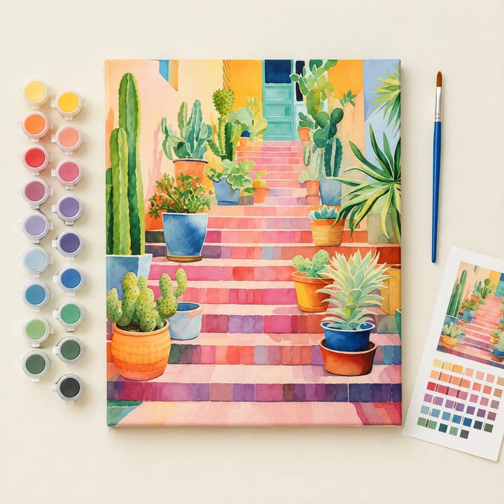 Cactus steps design: pink steps lined with potted cacti