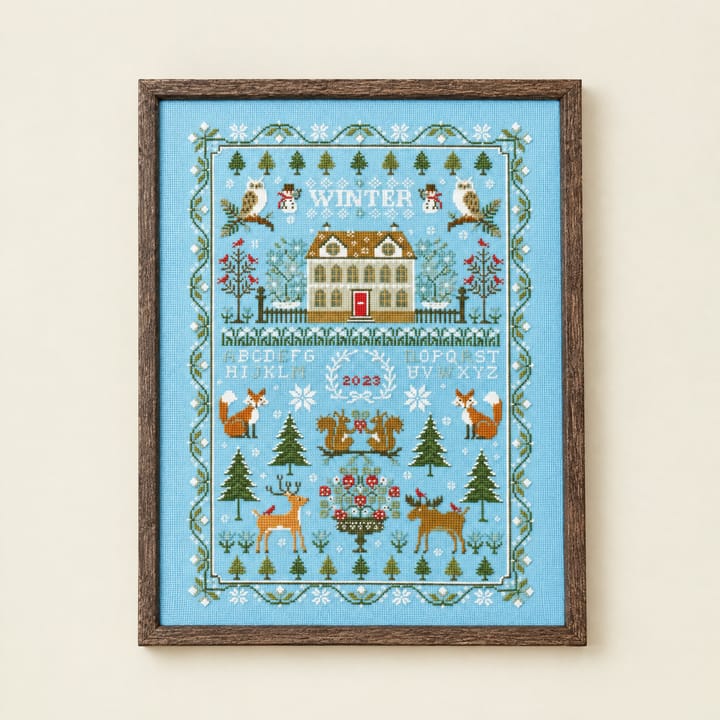 Framed winter sampler cross stitch above a beige sofa