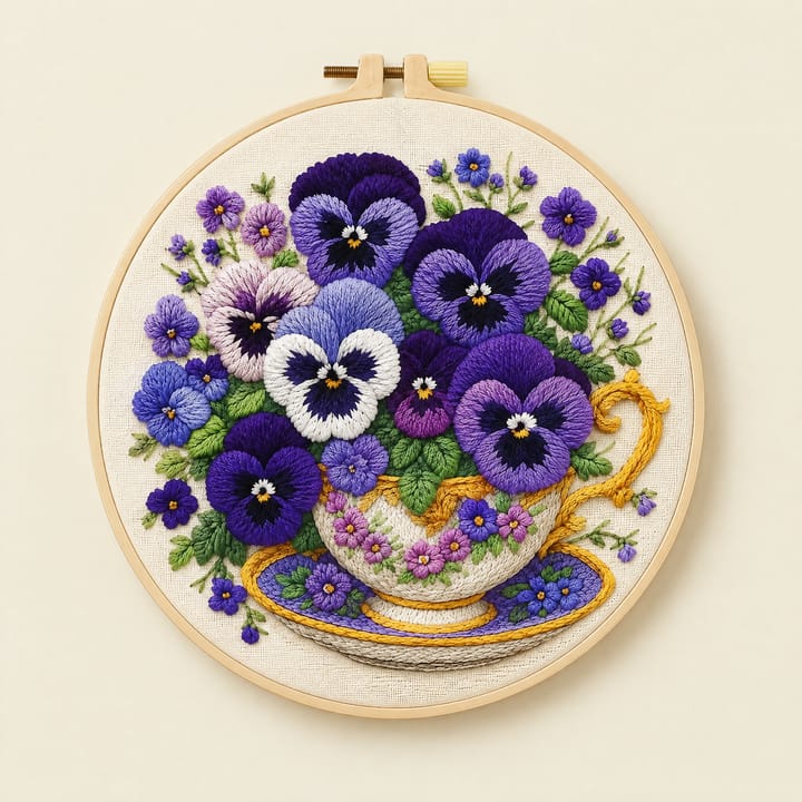 Pansy teacup embroidery: purple and white pansies in a gold-trimmed cup