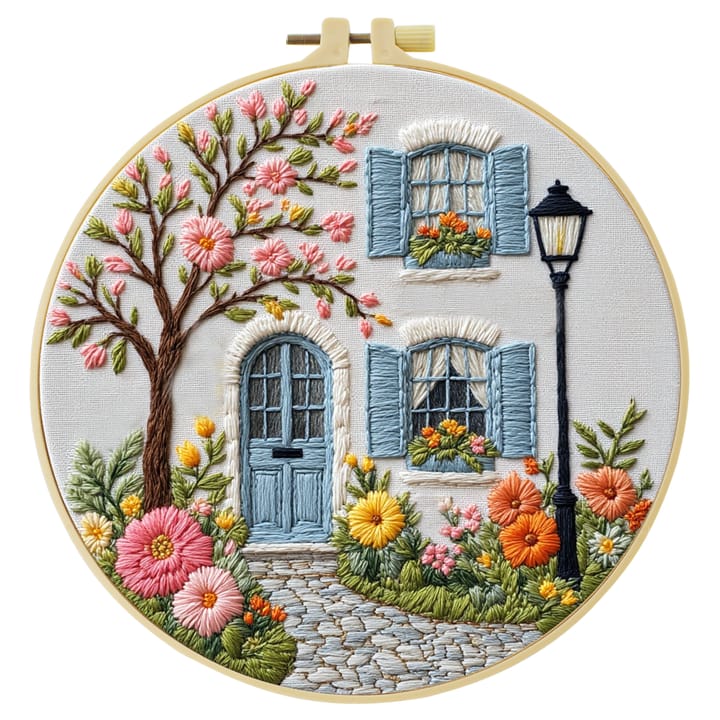 Blue door cottage embroidery in an 8 in hoop on black