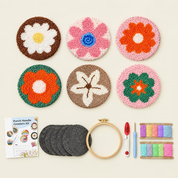 Retro daisies punch needle coasters with the kit