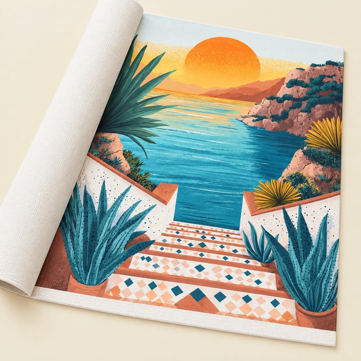 Sea stairs design: tiled steps between agaves down to a sunset bay