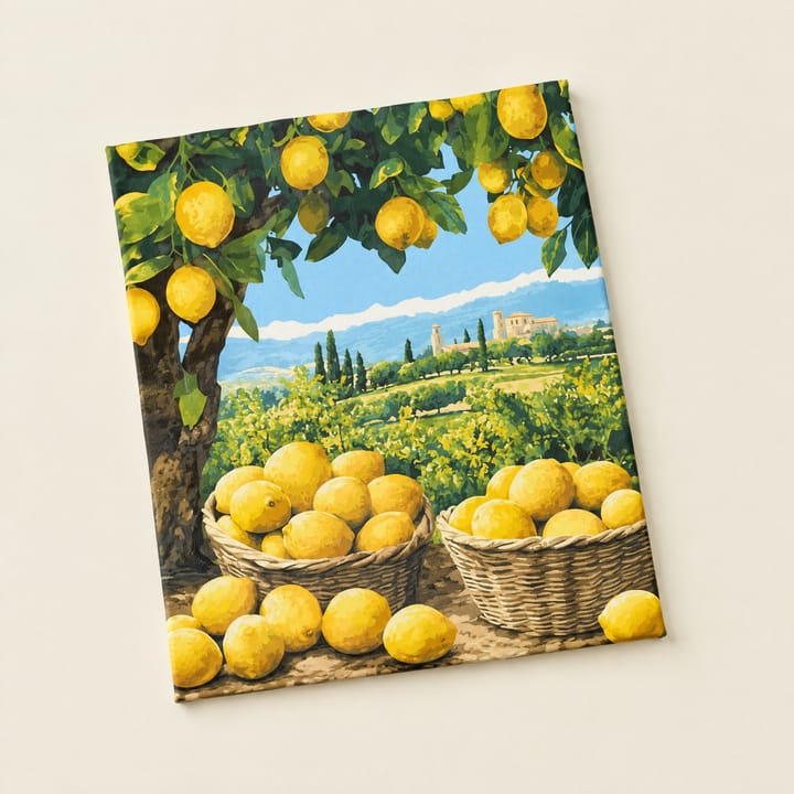 Harvest baskets design: wicker baskets of lemons under the trees