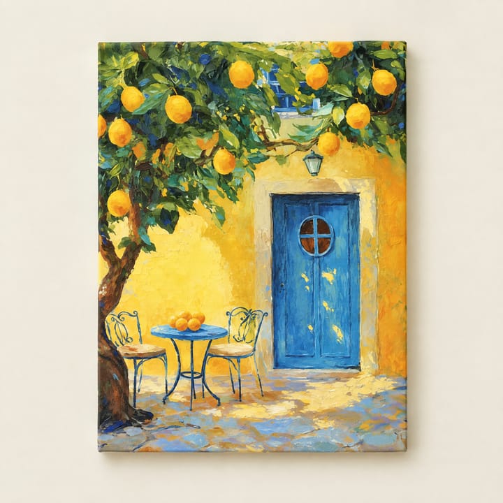 Yellow wall design: a lemon tree by a blue door with a table set for two
