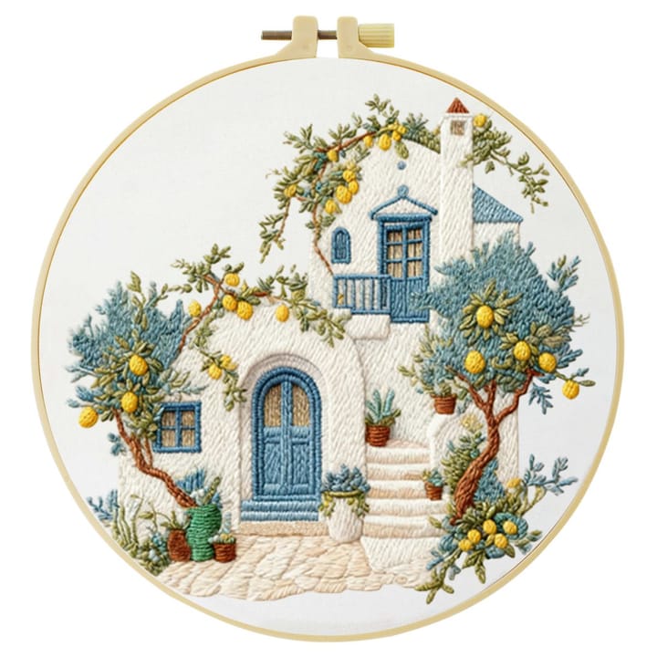 Lemon tree house embroidery in an 8 in hoop on black