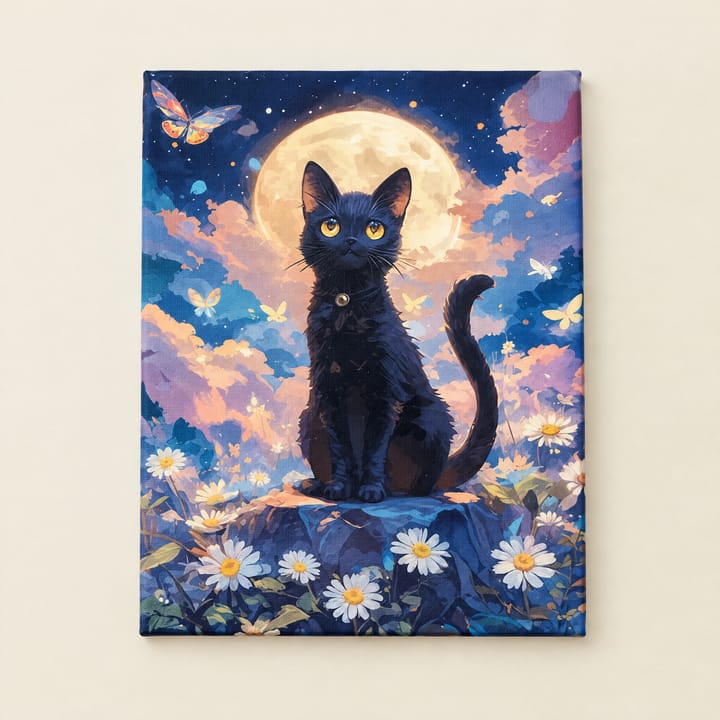 Starry Cat Paint by Number Kit, Black cat with full moon and daisies
