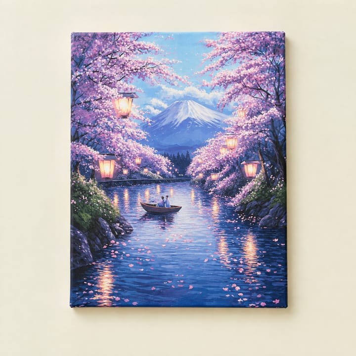 Lantern river design: floating lanterns and a small boat on a river lined with blossom
