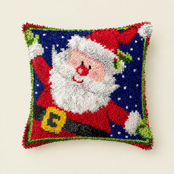 Santa on blue Christmas latch hook pillow, 17 x 17 in