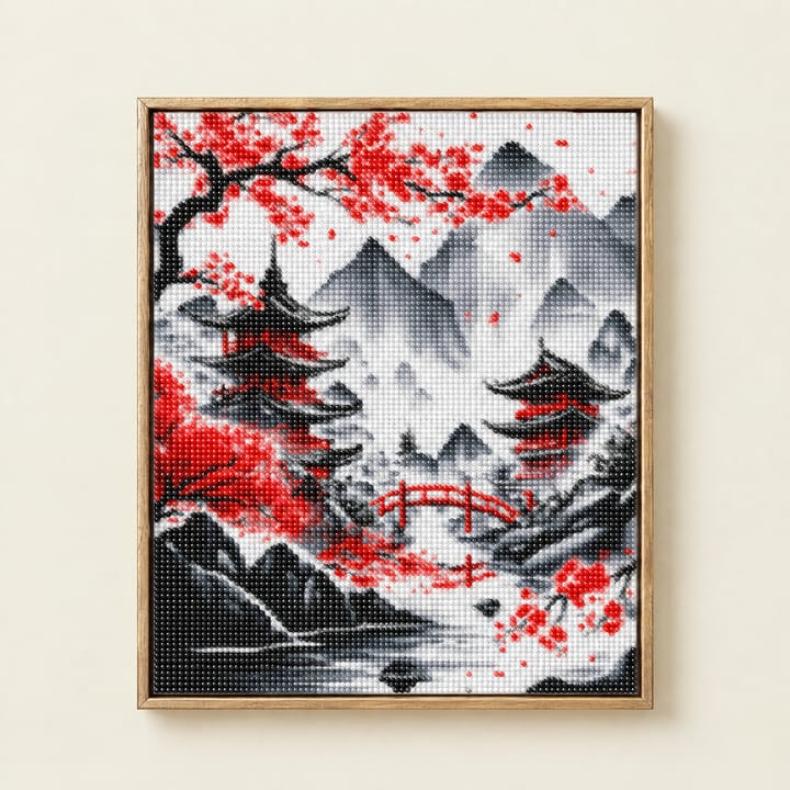 Twin pagodas canvas in a wooden frame on a blue shelf