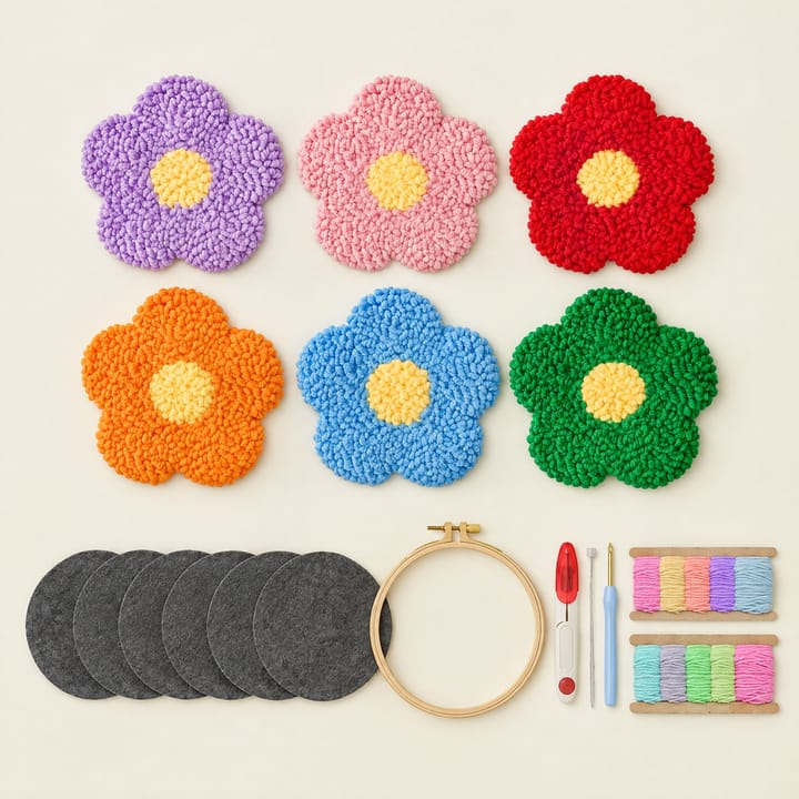 Flower shapes punch needle coasters with the kit