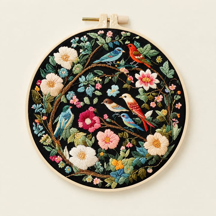 Songbird branch embroidery, birds and flowers on dark fabric