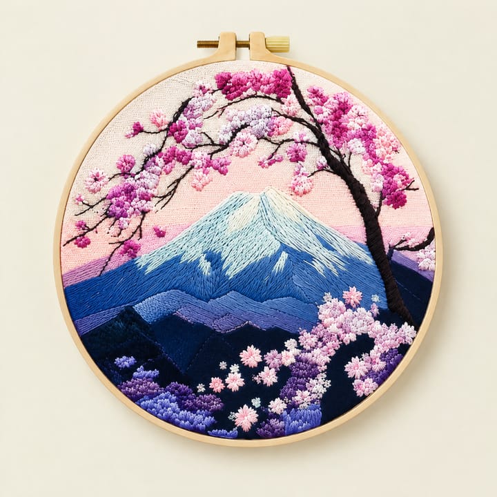 Mount Fuji blossom embroidery: snowy peak and cherry blossom