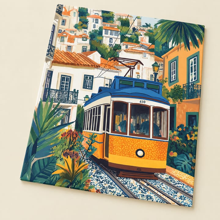 Yellow tram design: a tram climbing a narrow street