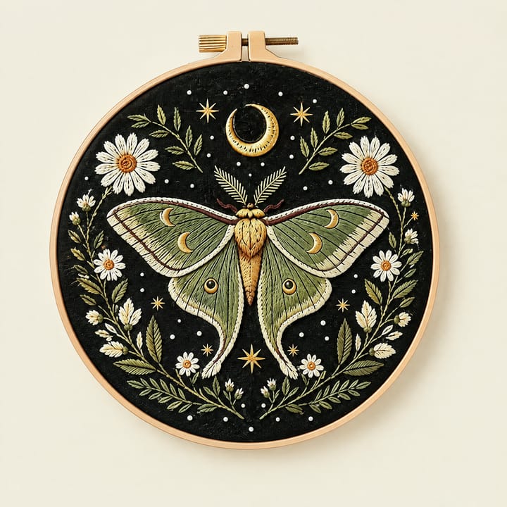 Green moth embroidery on black fabric in an 8 in hoop